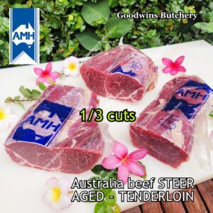 Beef TENDERLOIN Australia STEER (young cattle) aged frozen wellington small roast cuts 1 kg/pc | brand Kilcoy AMH John-Dee Nolan | daging sapi has dalam beku eye fillet mignon