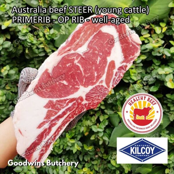 Beef PRIMERIB OP RIB (Oven Prepared) aged-frozen PORTIONED 1-3 ribs Australia STEER (young cattle) Kilcoy Blue Diamond Prime Rib