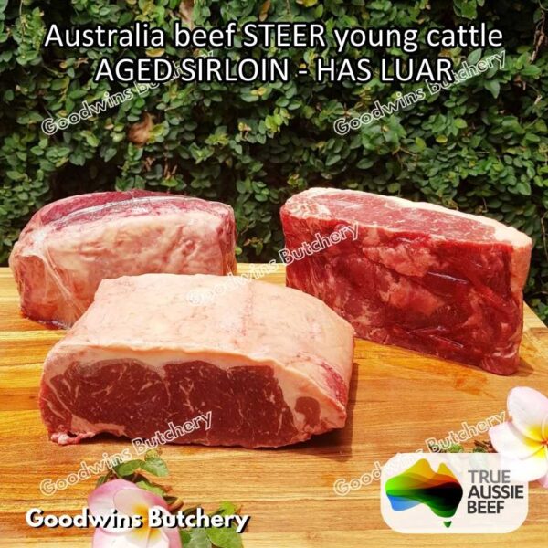 Beef SIRLOIN AGED-FROZEN Australia STEER (young cattle) Striploin NewYork strip daging sapi import has luar utuh HARVEY / MIDFILED portioned small roast cuts 1.5kg - Image 50