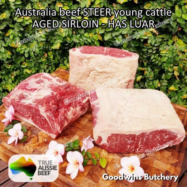 Beef SIRLOIN AGED-FROZEN Australia STEER (young cattle) Striploin NewYork strip daging sapi import has luar utuh HARVEY / MIDFILED portioned small roast cuts 1.5kg - Image 46