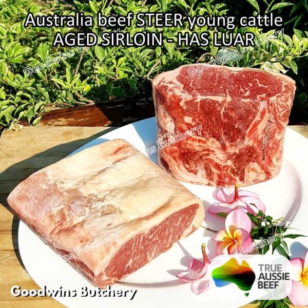 Beef SIRLOIN AGED-FROZEN Australia STEER (young cattle) Striploin NewYork strip daging sapi import has luar utuh HARVEY / MIDFILED portioned small roast cuts 1.5kg - Image 48