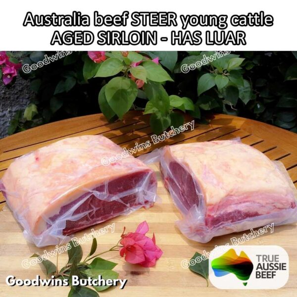 Beef SIRLOIN AGED-FROZEN Australia STEER (young cattle) Striploin NewYork strip daging sapi import has luar utuh HARVEY / MIDFILED portioned small roast cuts 1.5kg - Image 49