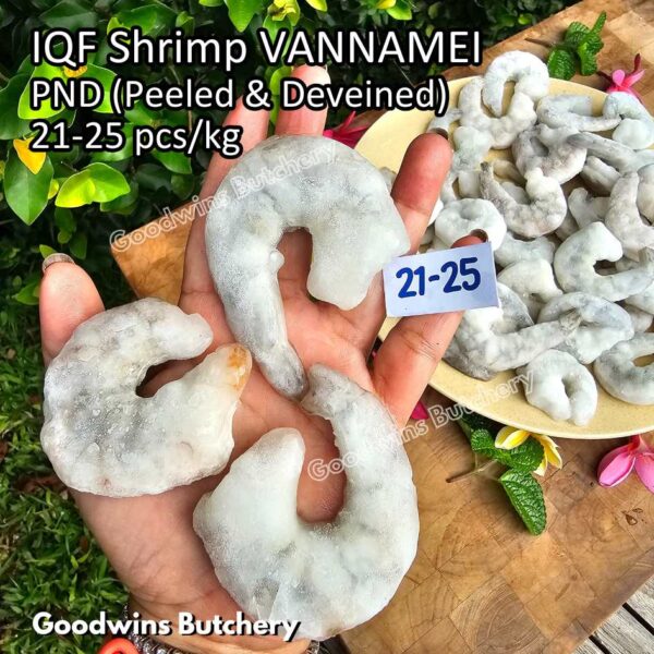 Udang kupas 21-25pcs/kg IQF SHRIMP VANNAMEI PND (Peeled & Deveined) frozen glazing 20-30%