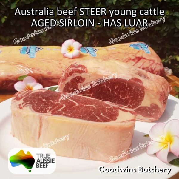 Beef SIRLOIN AGED-FROZEN Australia STEER (young cattle) Striploin NewYork strip daging sapi import has luar utuh HARVEY / MIDFILED portioned small roast cuts 1.5kg - Image 57