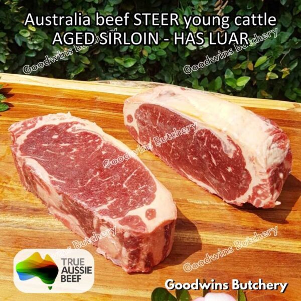Beef SIRLOIN AGED-FROZEN Australia STEER (young cattle) Striploin NewYork strip daging sapi import has luar utuh HARVEY / MIDFILED portioned small roast cuts 1.5kg - Image 58