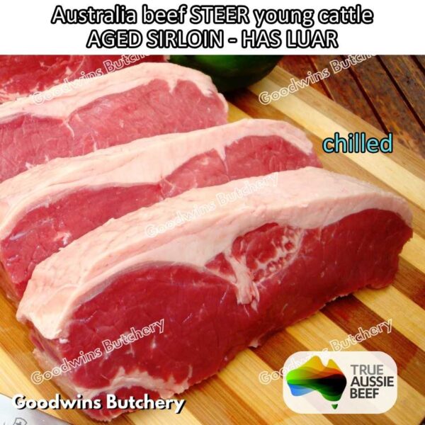 Beef SIRLOIN AGED-FROZEN Australia STEER (young cattle) Striploin NewYork strip daging sapi import has luar utuh HARVEY / MIDFILED portioned small roast cuts 1.5kg - Image 60