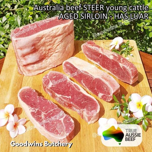 Beef SIRLOIN AGED-FROZEN Australia STEER (young cattle) Striploin NewYork strip daging sapi import has luar utuh HARVEY / MIDFILED portioned small roast cuts 1.5kg - Image 71