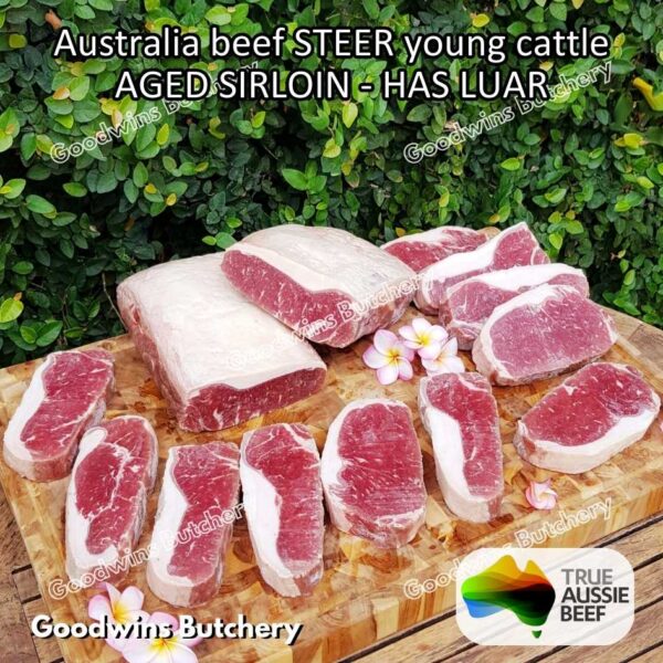 Beef SIRLOIN AGED-FROZEN Australia STEER (young cattle) Striploin NewYork strip daging sapi import has luar utuh HARVEY / MIDFILED portioned small roast cuts 1.5kg - Image 72