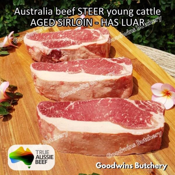 Beef SIRLOIN AGED-FROZEN Australia STEER (young cattle) Striploin NewYork strip daging sapi import has luar utuh HARVEY / MIDFILED portioned small roast cuts 1.5kg - Image 73