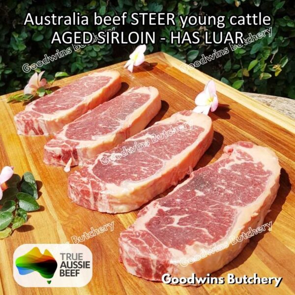 Beef SIRLOIN AGED-FROZEN Australia STEER (young cattle) Striploin NewYork strip daging sapi import has luar utuh HARVEY / MIDFILED portioned small roast cuts 1.5kg - Image 75