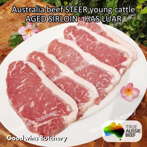 Beef SIRLOIN AGED-FROZEN Australia STEER (young cattle) Striploin NewYork strip daging sapi import has luar utuh HARVEY / MIDFILED portioned small roast cuts 1.5kg - Image 76