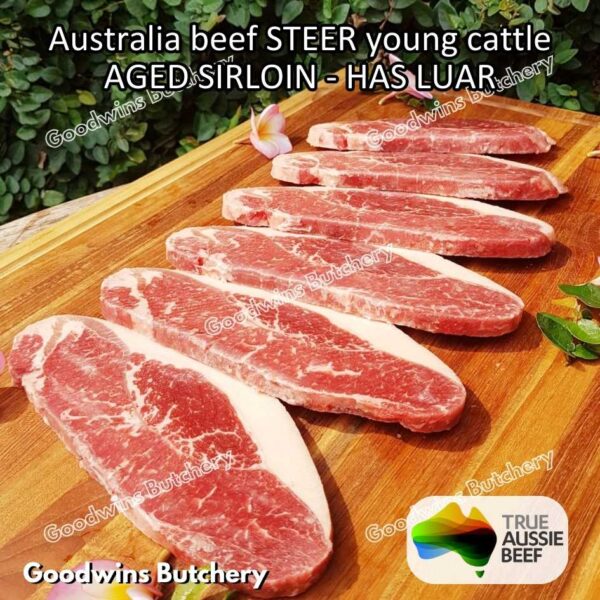 Beef SIRLOIN AGED-FROZEN Australia STEER (young cattle) Striploin NewYork strip daging sapi import has luar utuh HARVEY / MIDFILED portioned small roast cuts 1.5kg - Image 61