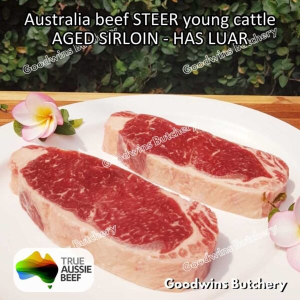 Beef SIRLOIN AGED-FROZEN Australia STEER (young cattle) Striploin NewYork strip daging sapi import has luar utuh HARVEY / MIDFILED portioned small roast cuts 1.5kg - Image 64