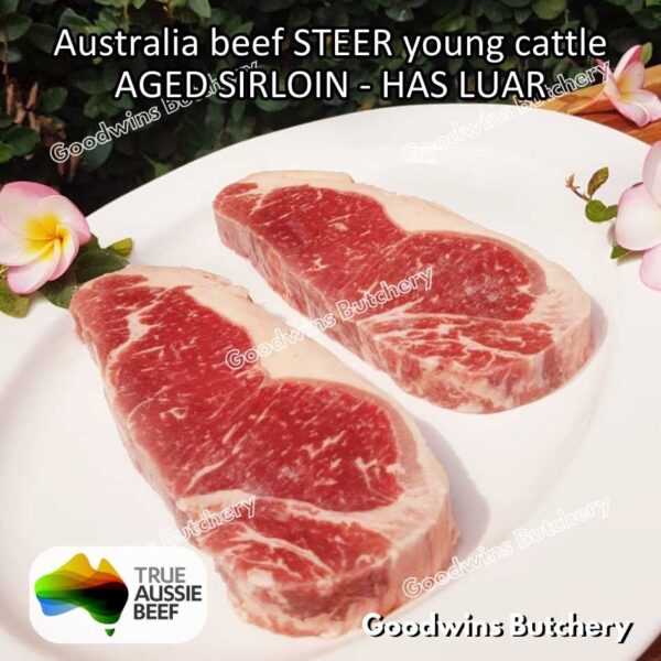 Beef SIRLOIN AGED-FROZEN Australia STEER (young cattle) Striploin NewYork strip daging sapi import has luar utuh HARVEY / MIDFILED portioned small roast cuts 1.5kg - Image 65