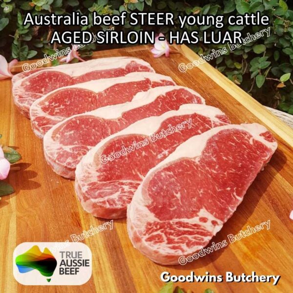 Beef SIRLOIN AGED-FROZEN Australia STEER (young cattle) Striploin NewYork strip daging sapi import has luar utuh HARVEY / MIDFILED portioned small roast cuts 1.5kg - Image 66