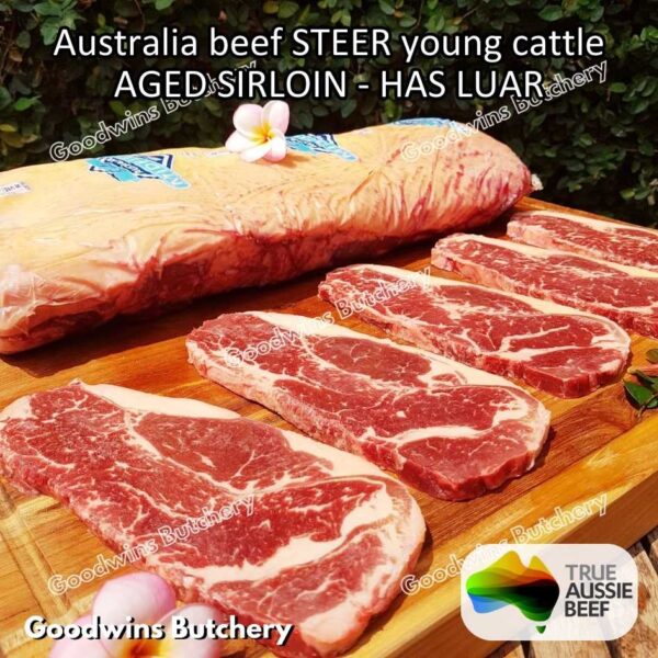 Beef SIRLOIN AGED-FROZEN Australia STEER (young cattle) Striploin NewYork strip daging sapi import has luar utuh HARVEY / MIDFILED portioned small roast cuts 1.5kg - Image 67