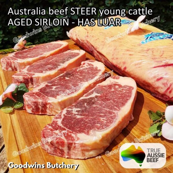 Beef SIRLOIN AGED-FROZEN Australia STEER (young cattle) Striploin NewYork strip daging sapi import has luar utuh HARVEY / MIDFILED portioned small roast cuts 1.5kg - Image 68