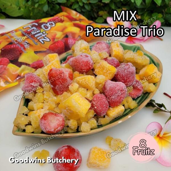 Frozen fruit IQF MIX PARADISE TRIO Strawberry Mango Peach 8Fruitz | buah beku import 8 Fruitz 500g