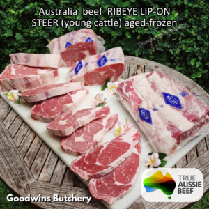 Beef RIBEYE LIP-ON Australia STEER (young cattle) aged frozen KILCOY Diamond 640 steak cuts 200-800 gr/pc | Daging Scotch-Fillet Cuberoll beku