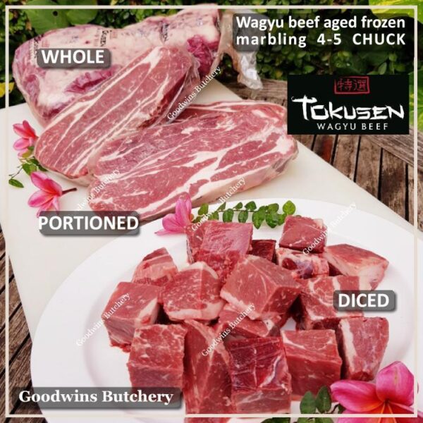 Beef wagyu Tokusen CHUCK marbling MBS-5 daging sapi sampil aged diced cuts frozen