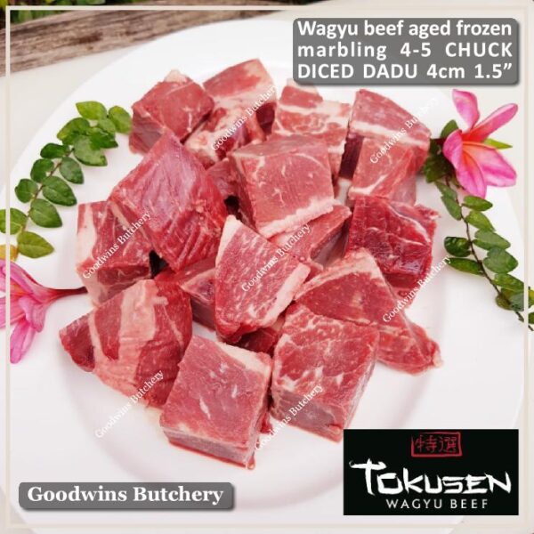Beef wagyu Tokusen CHUCK marbling MBS-5 daging sapi sampil aged diced cuts frozen