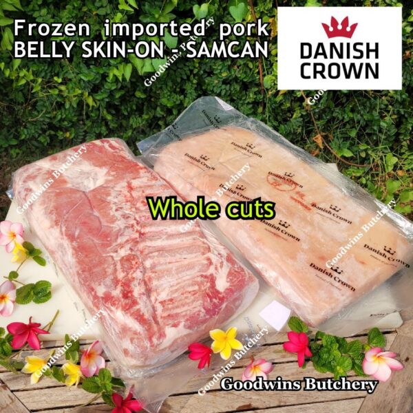 Pork belly skin on import WHOLE CUT Denmark DANISH CROWN perut samcan babi tanpa kulit beku frozen UTUH