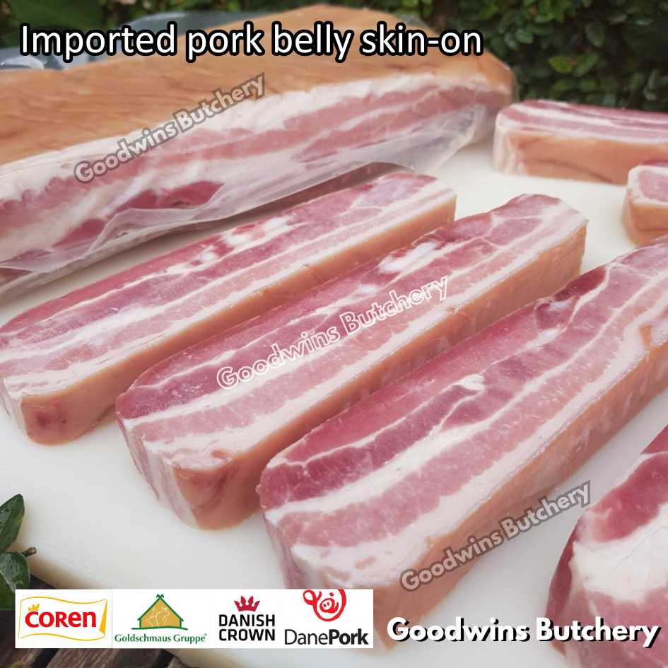 Pork belly with skin-on 600gr steak schnitzel cuts | samcan babi berkulit import frozen | Spain Coren | Denmark DanishCrown DanePork | Germany Goldschmaus