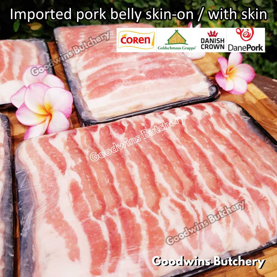 Pork belly with skin-on 1.5kg FRESHLY SLICE TO ORDER | samcan babi berkulit import frozen | Spain Coren | Denmark DanishCrown DanePork | Germany Goldschmaus