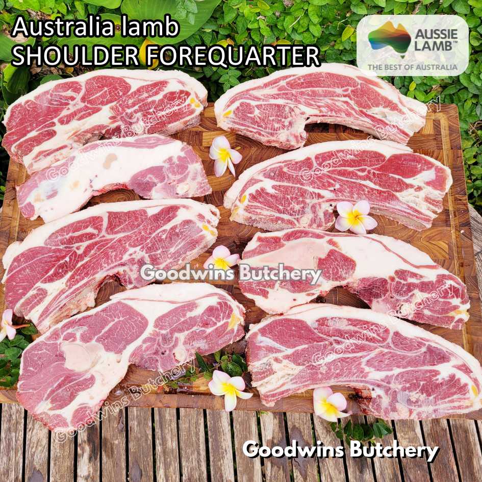 Lamb shoulder FOREQUARTER CHOP bone-in Australia +/- 1kg | brand Wammco Midfield WhiteStripe | bahu domba muda import frozen
