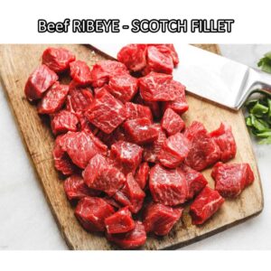 Beef RIBEYE Australia STEER (young cattle) aged-frozen freshly diced satay 2cm 1kg | brand AMH SWIFT TEYS | Scotch-Fillet Cuberoll