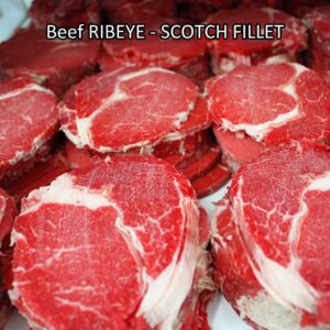 Beef RIBEYE Australia STEER (young cattle) aged-frozen freshly sliced 2-3mm 1kg for teriyaki yakiniku stirfry | brand AMH SWIFT TEYS | Scotch-Fillet Cuberoll