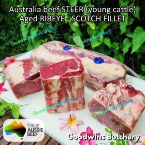 Beef RIBEYE Australia STEER (young cattle) aged-frozen portioned small roast cuts +/- 1.5kg | brand AMH SWIFT TEYS | Scotch-Fillet Cuberoll