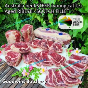 Beef RIBEYE Australia STEER (young cattle) aged-frozen steak cuts 200-700gr/pc | brand AMH SWIFT TEYS | Scotch-Fillet Cuberoll