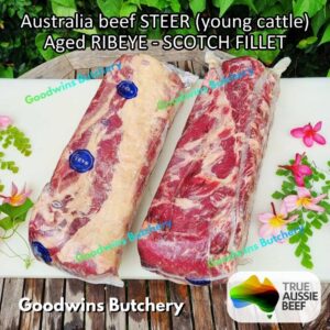 Beef RIBEYE Australia STEER (young cattle) aged-frozen whole cuts utuh +/- 5kg | brand AMH SWIFT TEYS | Scotch-Fillet Cuberoll