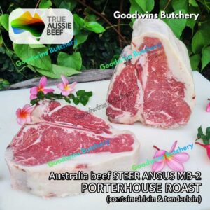 Beef T-BONE PORTERHOUSE ROAST +/- 2kg Australia Angus Jack's Creek / Kilcoy / Coorong marbling MBS-2 | STEER (young cattle) TBone Club Steak aged frozen