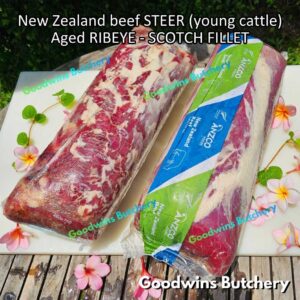 Beef RIBEYE New Zealand STEER (young cattle) aged-frozen whole cuts utuh +/- 5kg | brand NZ ANZCO | Scotch-Fillet Cuberoll