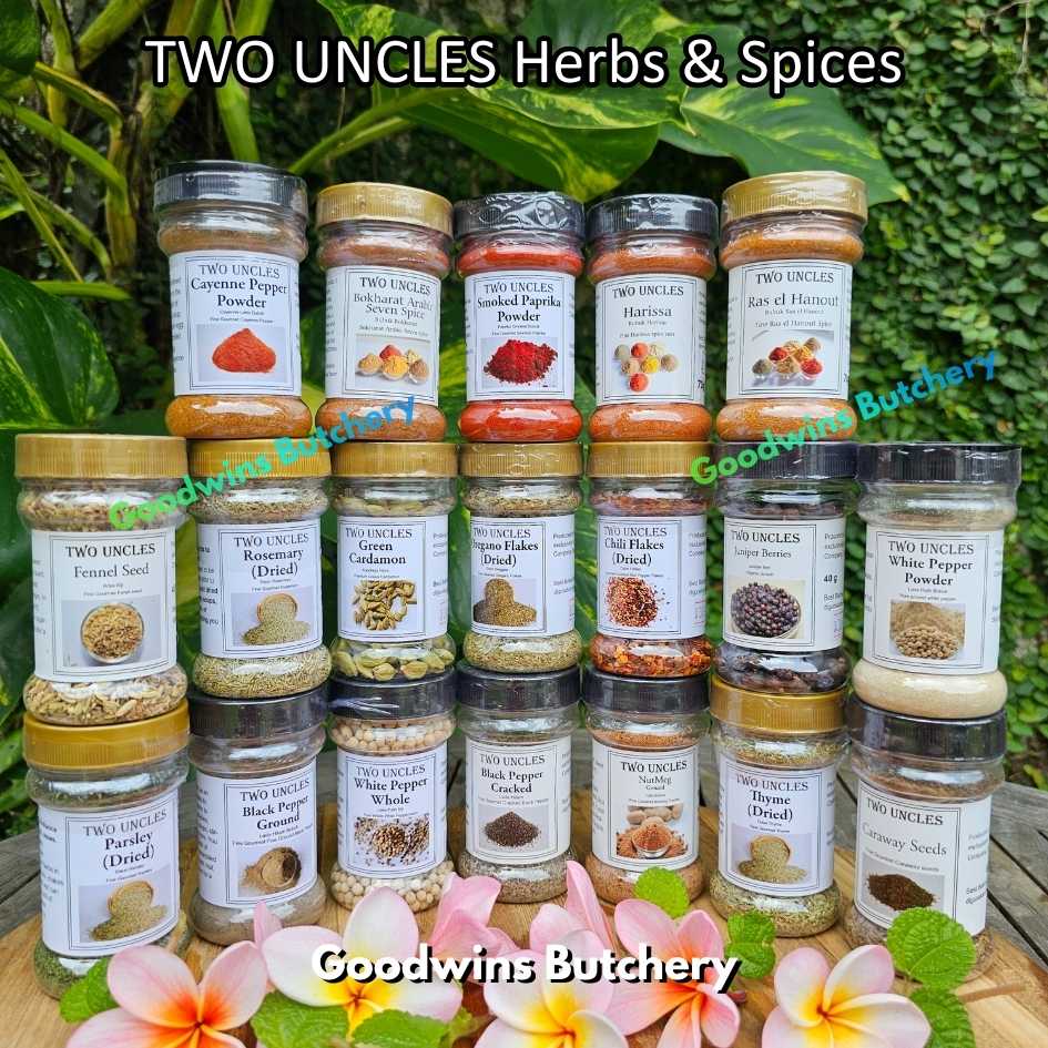 TWO UNCLES herbs & spices | Bokharat Harissa Ras El Hanout BlackPepper Caraway Cayenne Chili Fennel Cardamon Juniper Berries Nutmeg Oregano Parsley Rosemary Smoked Paprika Thyme WhitePepper