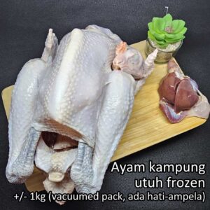 Ayam kampung utuh beku vacuumed pack +/- 1 kg/ekor ada hati ampela | Whole Free-Range Local Chicken includes liver and gizzard.