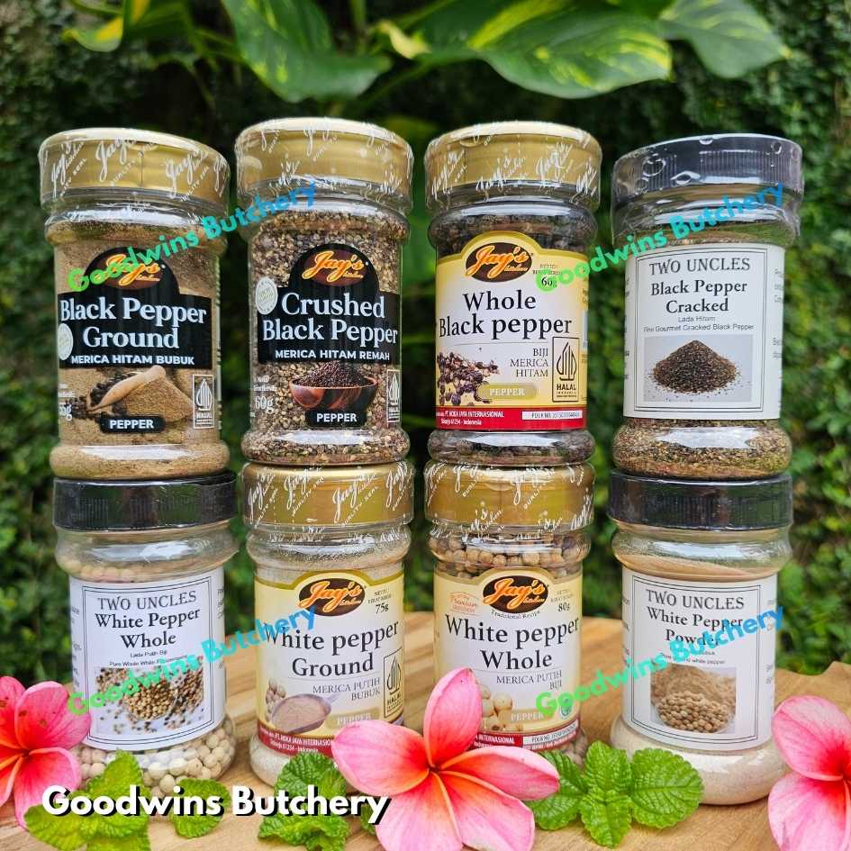 ALL lada merica hitam putih utuh cacah bubuk | Black Pepper White Pepper whole crushed cracked ground powder | Jay's & Two Uncles Jays