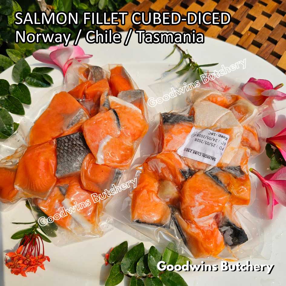 SALMON SAIKORO pieces cubed diced dadu fillet boneless Norway Chile Tasmania frozen 250gr